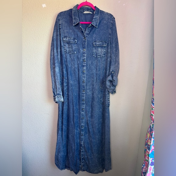 Soft Surroundings Chambray Denim Look Acid Wash Tencel Maxi Shirt Dress L Tall - Picture 3 of 12